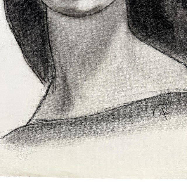 Paper MCM Charcoal Portrait Drawing of a Woman With Side-Swept Curls - 1950s Signed For Sale - Image 7 of 8