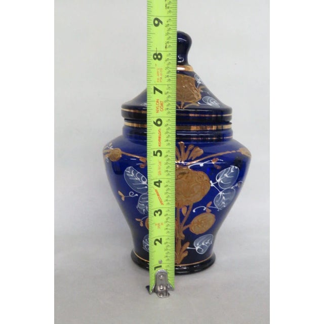 Cobalt Blue Glass Hand Painted Floral Urn Bonboniere Cookie Jar With Lid For Sale - Image 4 of 13