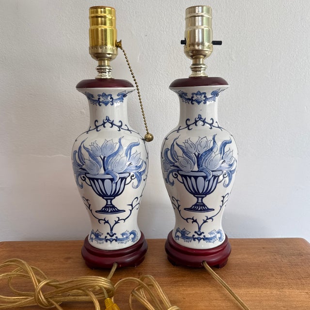 1990s Blue and White Floral Lamp Pair For Sale - Image 6 of 9