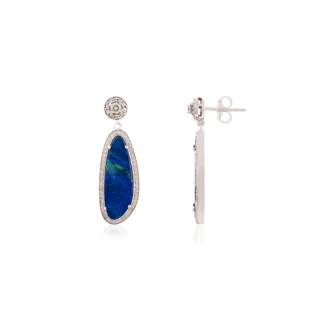 Modern Fire Opal & Diamond Halo Drop Earrings in 14k White Gold- 2 Pieces For Sale In New York - Image 6 of 11