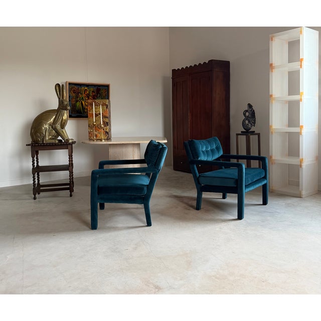 Pair Re-Upholstered Emerald Green Velvet Parsons Lounge Chairs Milo Baughman For Sale - Image 9 of 18