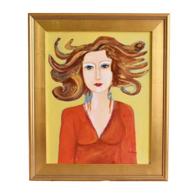 French Provincial French Mademoiselle W/ Long Flowing Red Hair Portriat Painting Including the Antiqued Gold Wood Frame For Sale - Image 3 of 8
