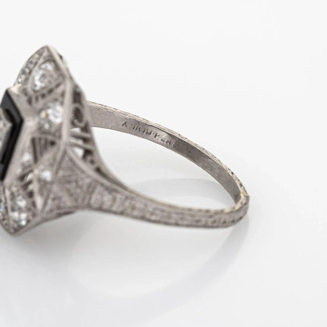 Gemstone Vintage Art Deco Diamond Onyx Ring Platinum Filigree Octagon Jewellery size 4.75 For Sale - Image 7 of 7