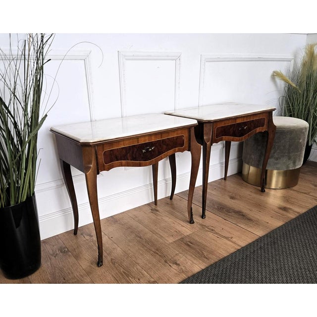 Metal Mid-Century Modern Italian Wooden Nightstands from Marble Top, 1950s, Set of 2 For Sale - Image 7 of 11