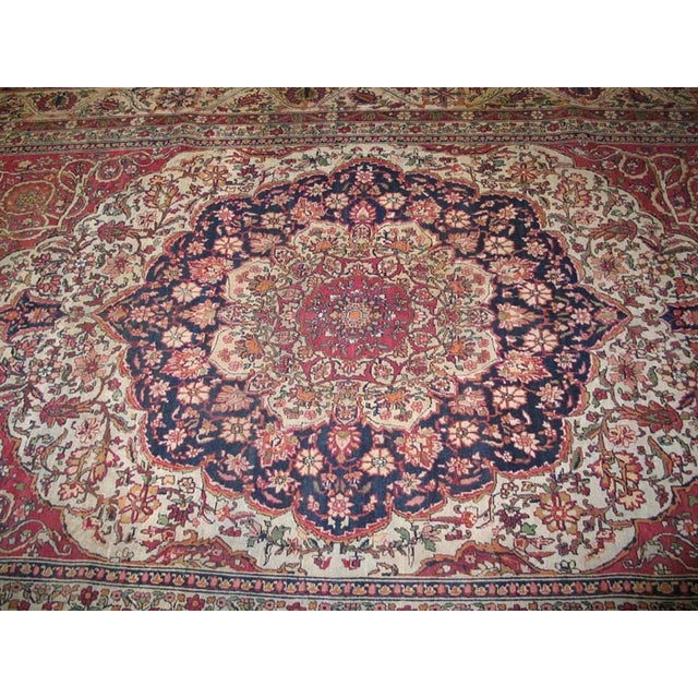 Fine Decorative Medallion Design on Red-Raspberry Background Color Antique Persian Kerman Laver Rug For Sale - Image 4 of 6