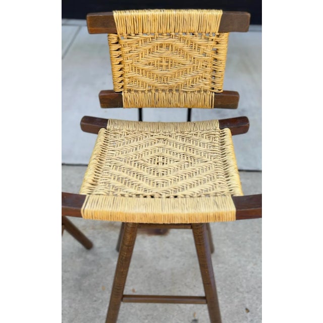 Mid-Century Victor Courtray Style Zebra Wood Woven Swivel Bar Stools - a Pair For Sale - Image 4 of 8
