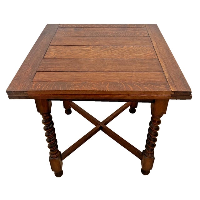 Antique Expanding Pub Kitchen Table Barley Twist Legs Rare Petite Size Solid Oak For Sale In Palm Springs - Image 6 of 13
