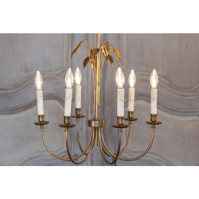 French Mid 20th Century French Gilt Metal Maison Charles Inspired Six-Light Chandelier with Swoop Arms For Sale - Image 3 of 9