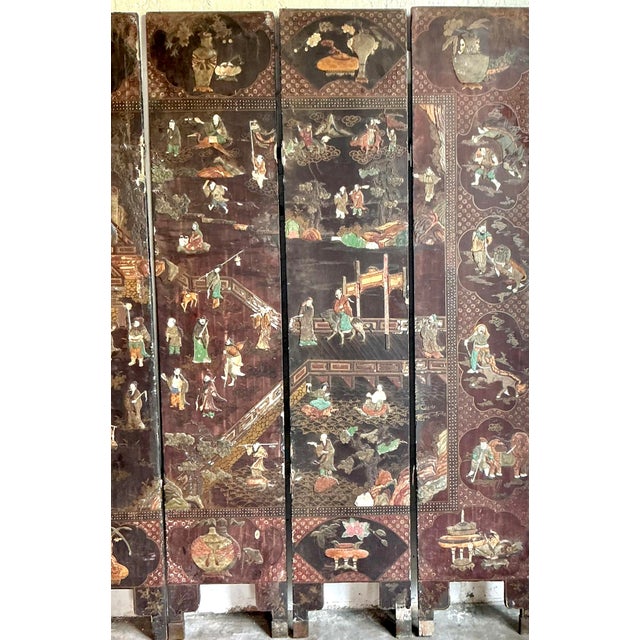 Chinoiserie Vintage Asian 19th Century 8 Panel Coromandel Screen For Sale - Image 3 of 12