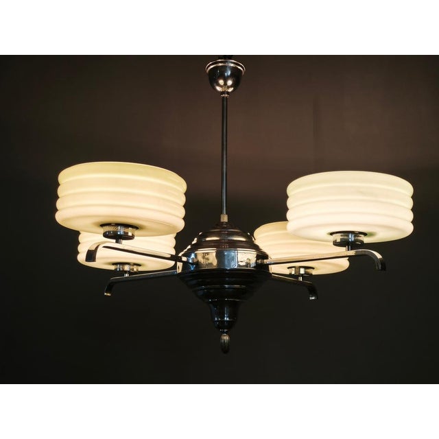 Art Deco Green Opaline Glass Chandelier, Former Czechoslovakia, 1930s For Sale - Image 3 of 14