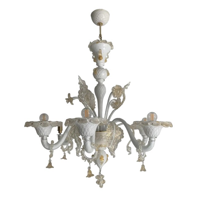 Murano Glass Chandelier in Milky and Gold with Flowers and Leaves by Simoeng For Sale