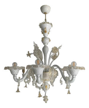 Murano Glass Chandelier in Milky and Gold with Flowers and Leaves by Simoeng
