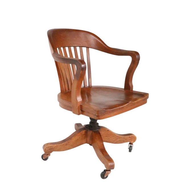 Early 20th Century Oak Bank of England Jury Style Swivel Desk Chair For Sale - Image 9 of 14