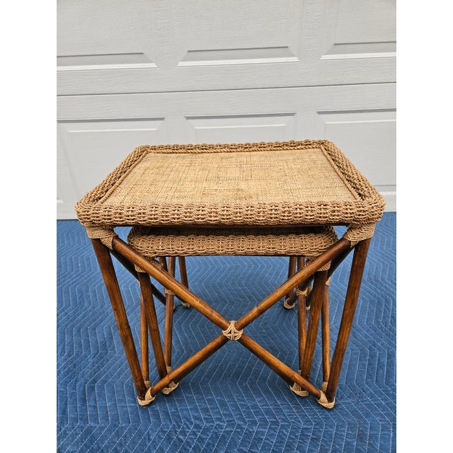 Brown Bamboo Rope and Grass Mat Nesting Tables For Sale - Image 8 of 15