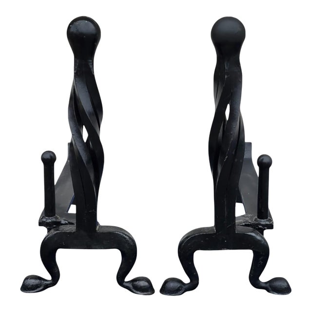 19th C Wrought Iron Twisted Andirons Hand Forged Fireplace Tools Antique For Sale