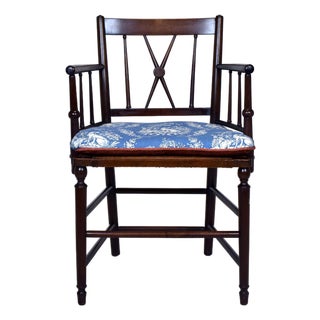 Antique Country Regency Cross Back Armchair With Brunschwig & Fils Cushion For Sale