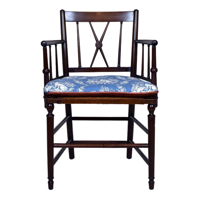 Antique Country Regency Cross Back Armchair With Brunschwig & Fils Cushion For Sale