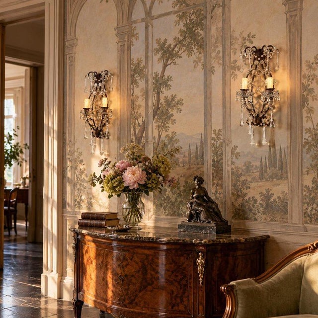Pair of Italian sconces dating back to the early 20th century, crafted in burnished metal and glass. Each sconce features...