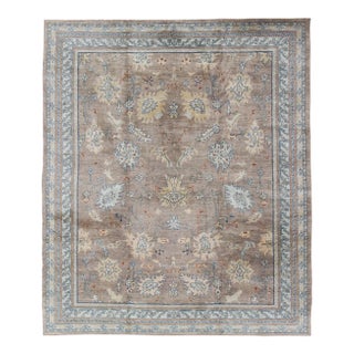 Modern Oushak Rug in Mushroom, Light Brown, Blue, Neutrals and All-Over Design For Sale