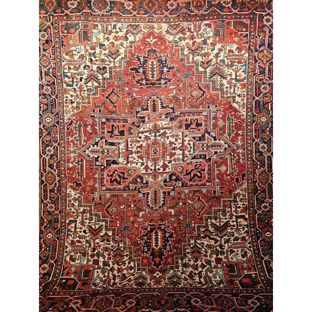Vintage Room Size Heriz, Handwoven Geometric Medallion Pattern, Red & Navy, 9’ X 11’ For Sale - Image 11 of 12