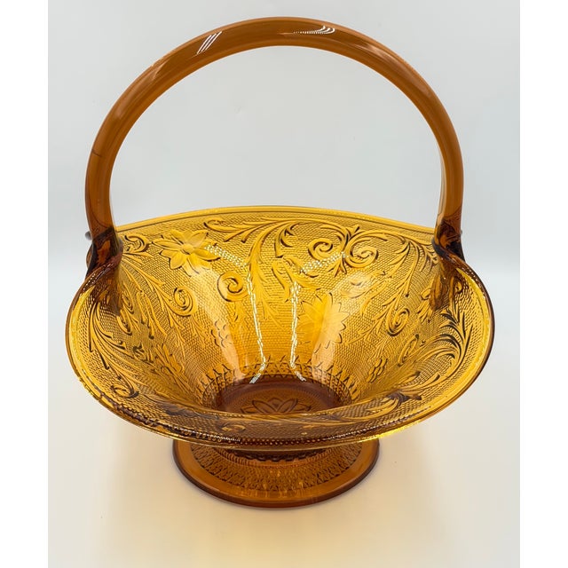 1960s Brockway Indiana Glass Large Tiara Amber Sandwich Handled Basket Signed j.t. For Sale - Image 5 of 10
