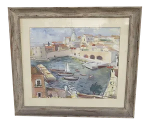 Mid 20th Century "Port of Dubrovnik" Croatian Harbor Scene Watercolor Painting by Nikola Besevic, Framed