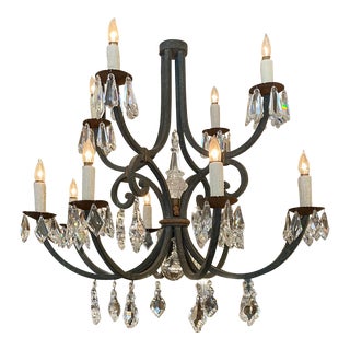 18th C Style Ebanista Wrought Iron & French Crystal Chandelier For Sale