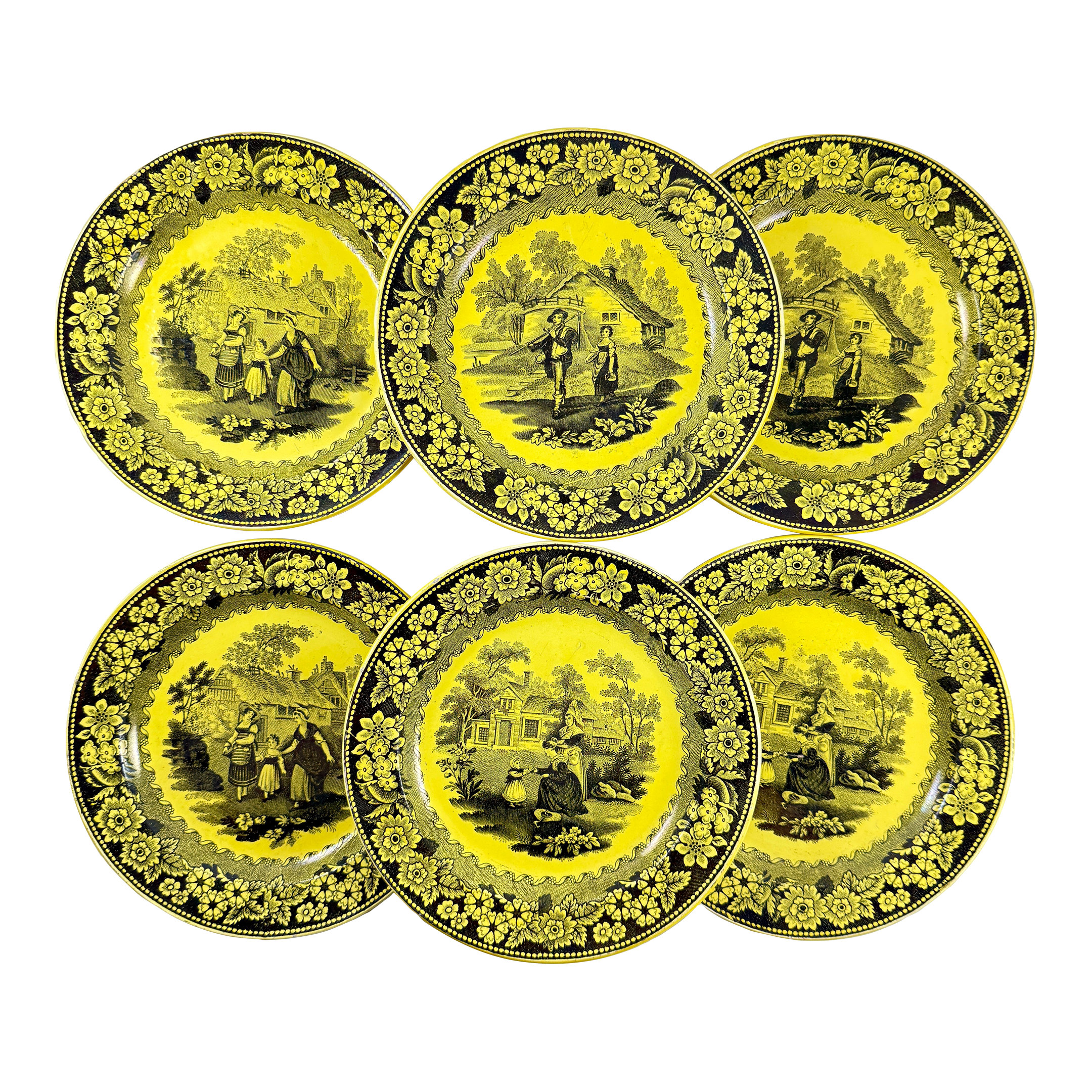 Creil et Montereau ディナープレート COUNTRY Creil Et Montereau Canary Yellow Transferware Domestic Scenery