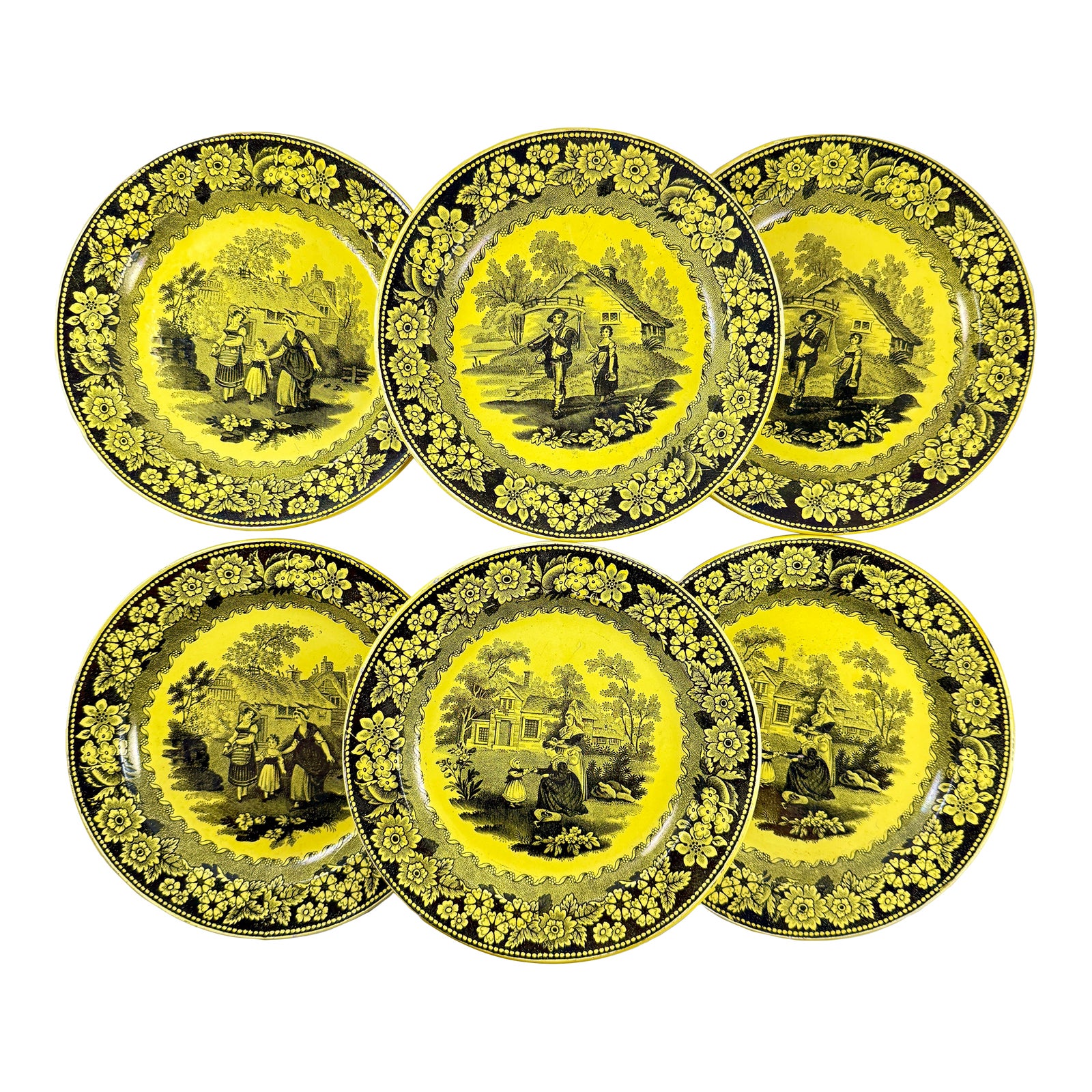 Creil Et Montereau Canary Yellow Transferware Domestic Scenery