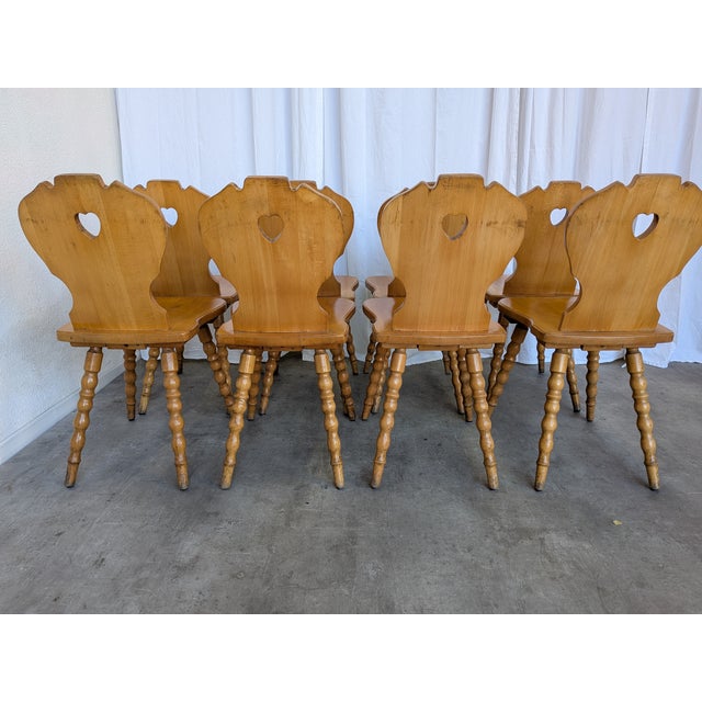 Vintage Tyrolean Farmhouse Heart Cutout Wooden Dining Chairs, 1970s, Set of 8 For Sale - Image 16 of 18