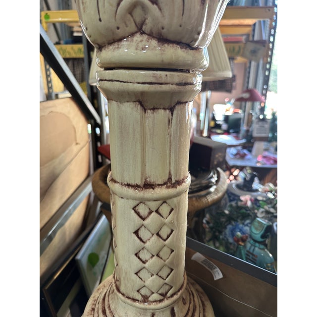 1970s 1970s White Ceramic Pedestal Bowl/Fountain With Purple Accents For Sale - Image 5 of 6