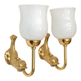 Maison Lancel Brass Dolphin Sconces Ruffled Opaline Glass Shade France 1950-Pair For Sale