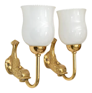 Maison Lancel Brass Dolphin Sconces Ruffled Opaline Glass Shade France 1950-Pair