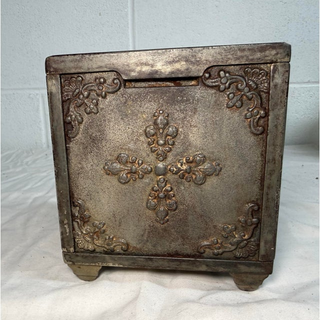 Gray Large Rare Antique 19th Century Ornate Cast Iron Safe Deposit Coin Still Bank For Sale - Image 8 of 14