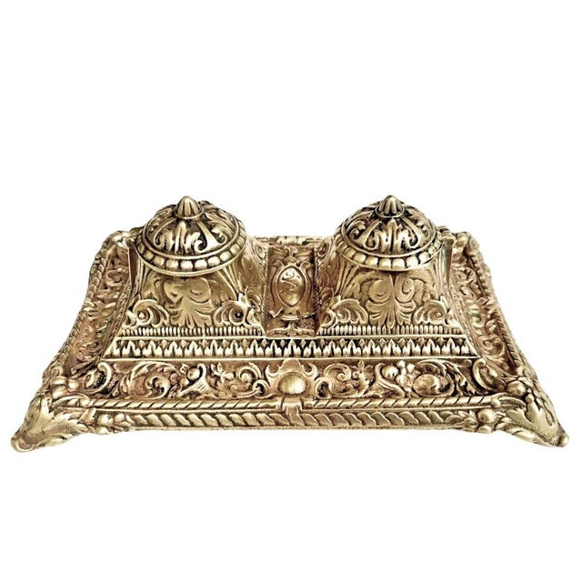 Antique Solid Brass French Déposé Footed Desktop Rococo Double Inkwell For Sale - Image 4 of 9