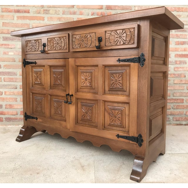 Baroque 20th Century Catalan Baroque Carved Walnut Tuscan Two Drawers Credenza or Buffet For Sale - Image 3 of 9