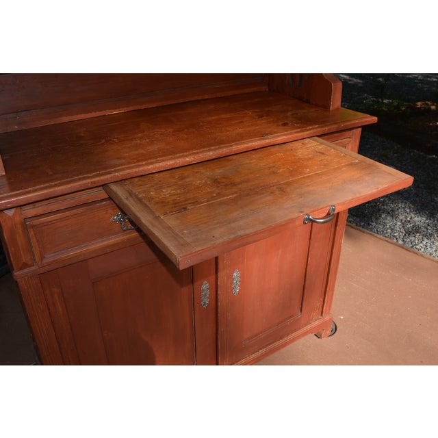 Vintage European Pine Reddish 2 Piece Hutch W/ Cupboards / Drawers Key & Pull Out Bread Board For Sale - Image 4 of 18
