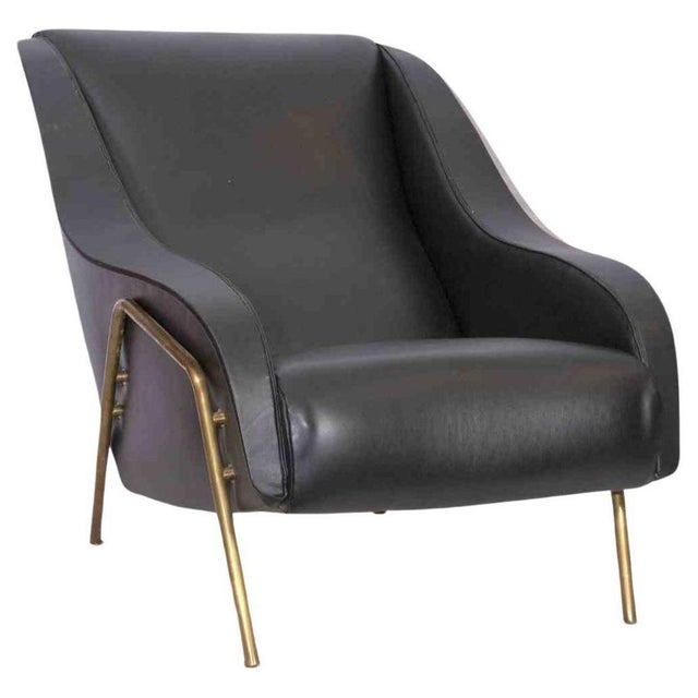 Wood Vintage Leather Armchair with Brass Base, Italy, 1950s For Sale - Image 7 of 7