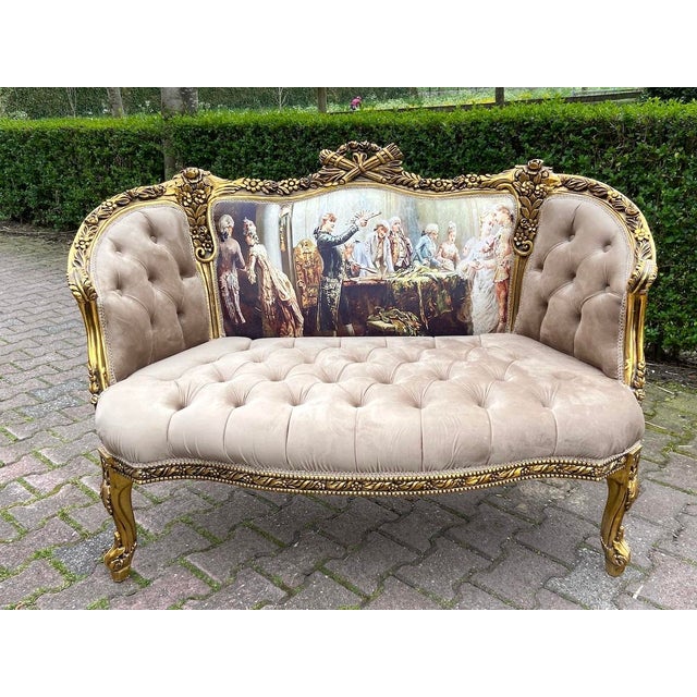 1970s French Louis XVI Tan Velvet Gilt Beech Settee For Sale - Image 14 of 17
