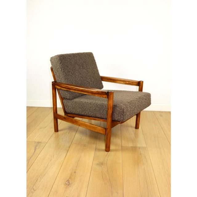 Vintage Wooden Armchair in Chocolate Brown Boucle Lamb from Z. Baczyk For Sale - Image 12 of 12