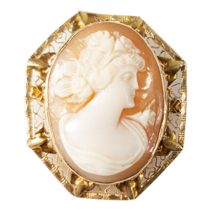 Early 20th Century Victorian Style Carved Shell Cameo Brooch Pin Pendant in 14k Gold Setting