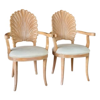 Pair of Vintage Regency Carved Grotto Shell Back Side Arm Chairs by Andre Originals For Sale