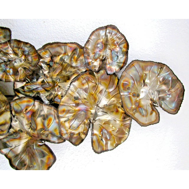 Mid-Century Modern Vintage Brutalist Torch Cut Brass Lily Pad 67 Inch Wall Sculpture Attributed to Curtis Jere For Sale - Image 3 of 11