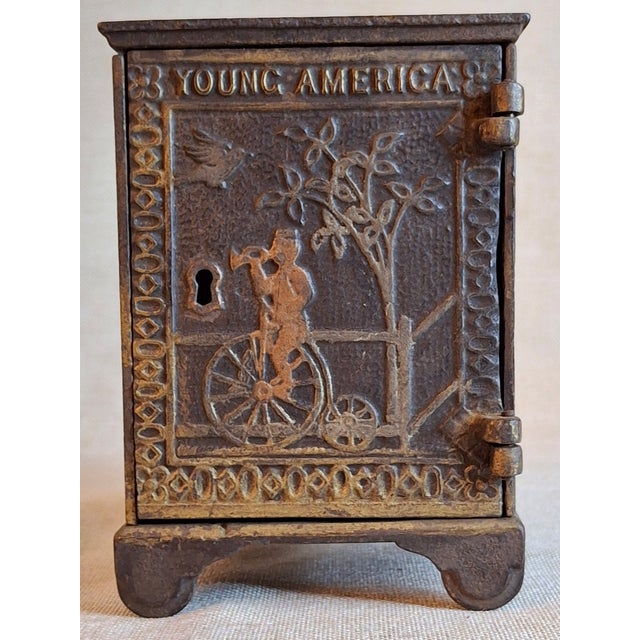Late 19th Century Antique Young America Cast Iron Safe Still Bank Penny Farthing Bicycle J. & E. Stevens C. 1880s For Sale - Image 5 of 13