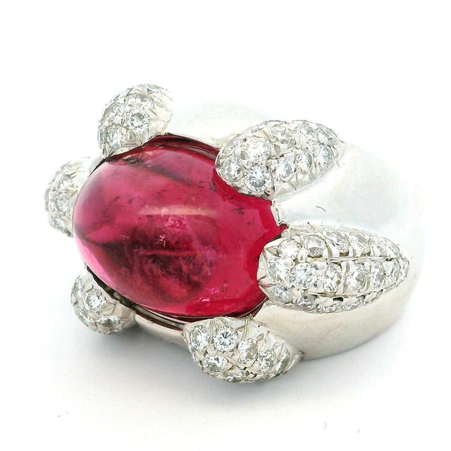 1970s Italian 18k White Gold Rubellite and Diamond Sculptural Statement Ring, Size 7 For Sale - Image 4 of 11
