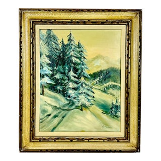 1970s Vintage Impressionist Landscape Snow Covered Trees Folk Art Original Oil Painting, Artist Signed For Sale
