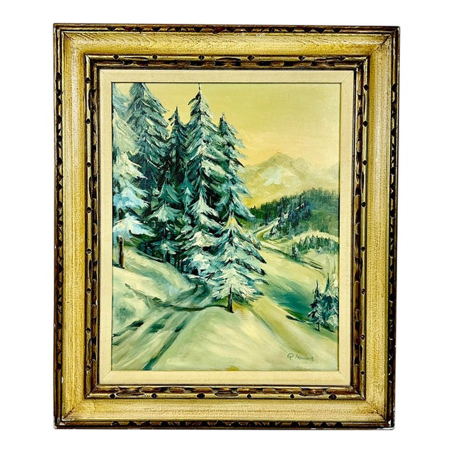 1970s Vintage Impressionist Landscape Snow Covered Trees Folk Art Original Oil Painting, Artist Signed For Sale