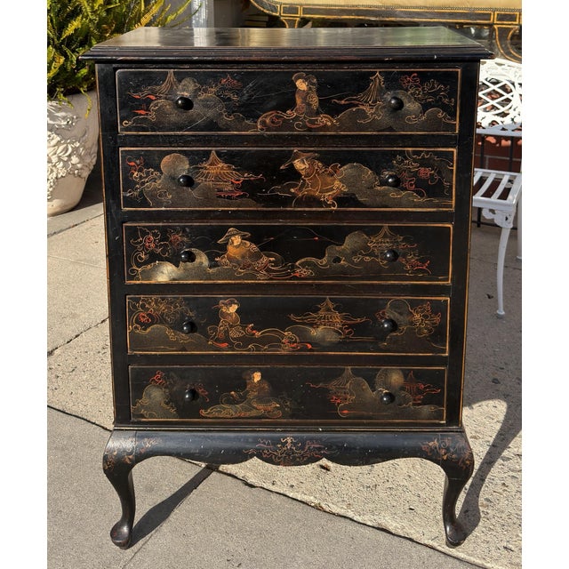 Antique Chinoiserie Black & Gold Tall Chest of Drawers.