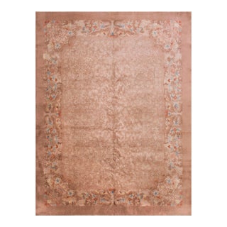 1920s Orange Peach Floral Antique Chinese Art Deco Rug 9' X 11' 10" Handknotted Wool Carpe For Sale