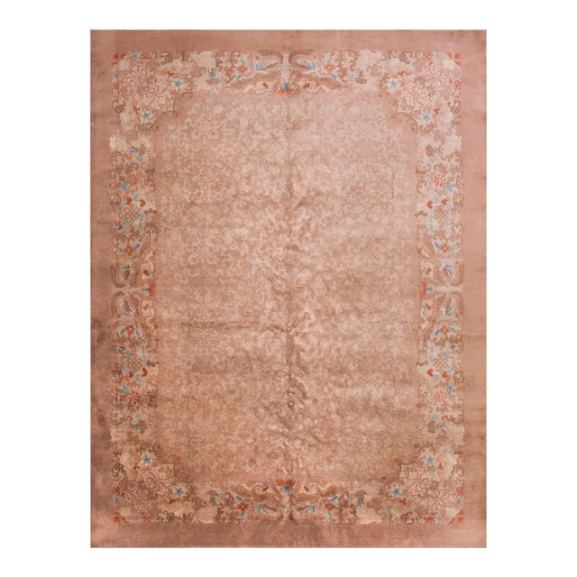 1920s Orange Peach Floral Antique Chinese Art Deco Rug 9' X 11' 10" Handknotted Wool Carpe For Sale